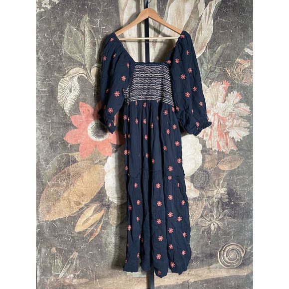 New Free People Dahlia Embroidered Maxi Dress Floral Puff Sleeves $168 sz Medium - Picture 3 of 5